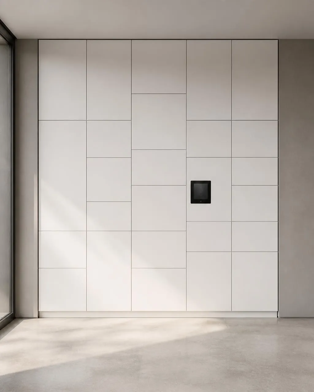 A wall of matte white smart lockers in soft daylight